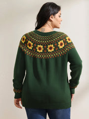 Fair Isle Floral Pattern Ribbed Hem Pullover