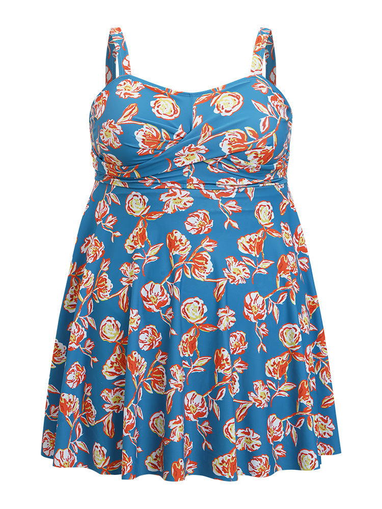 Floral Contrast Crossover Front Ruffles Adjustable Straps Swim Dress