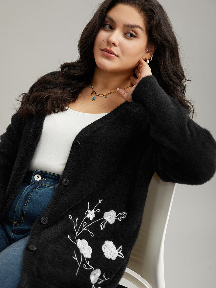Floral Embroidered Fuzzy Open Front Cardigan