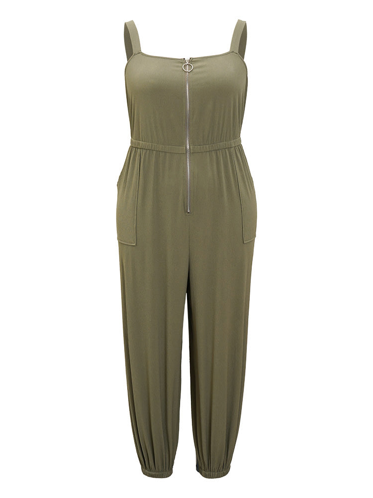 Solid Pocket Zip Up Cami Jumpsuit