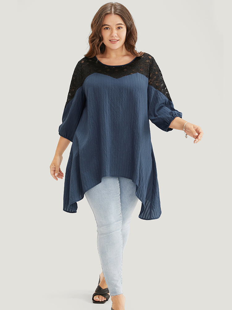 Plain Contrast Lace Asymmetrical Lantern Sleeve Blouse