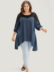 Plain Contrast Lace Asymmetrical Lantern Sleeve Blouse