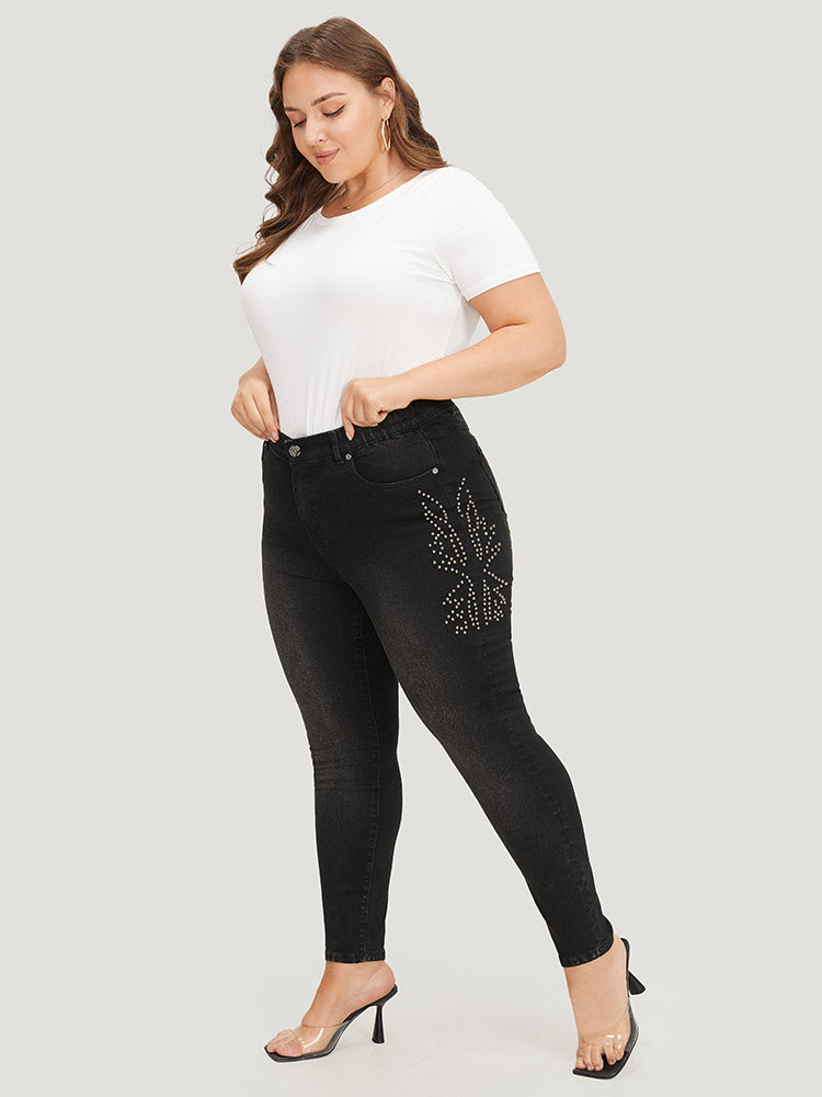 Beaded Detail Pocket Very Stretchy Black Wash Jeans