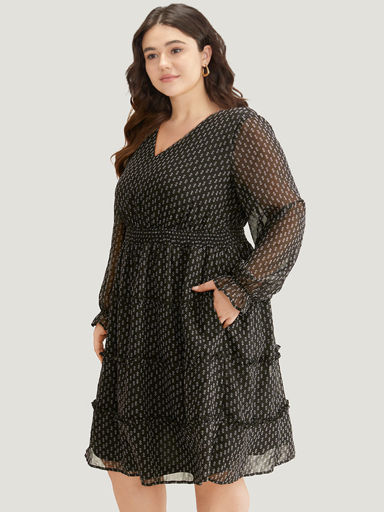 Geometric Shirred Mesh Frill Trim Dress