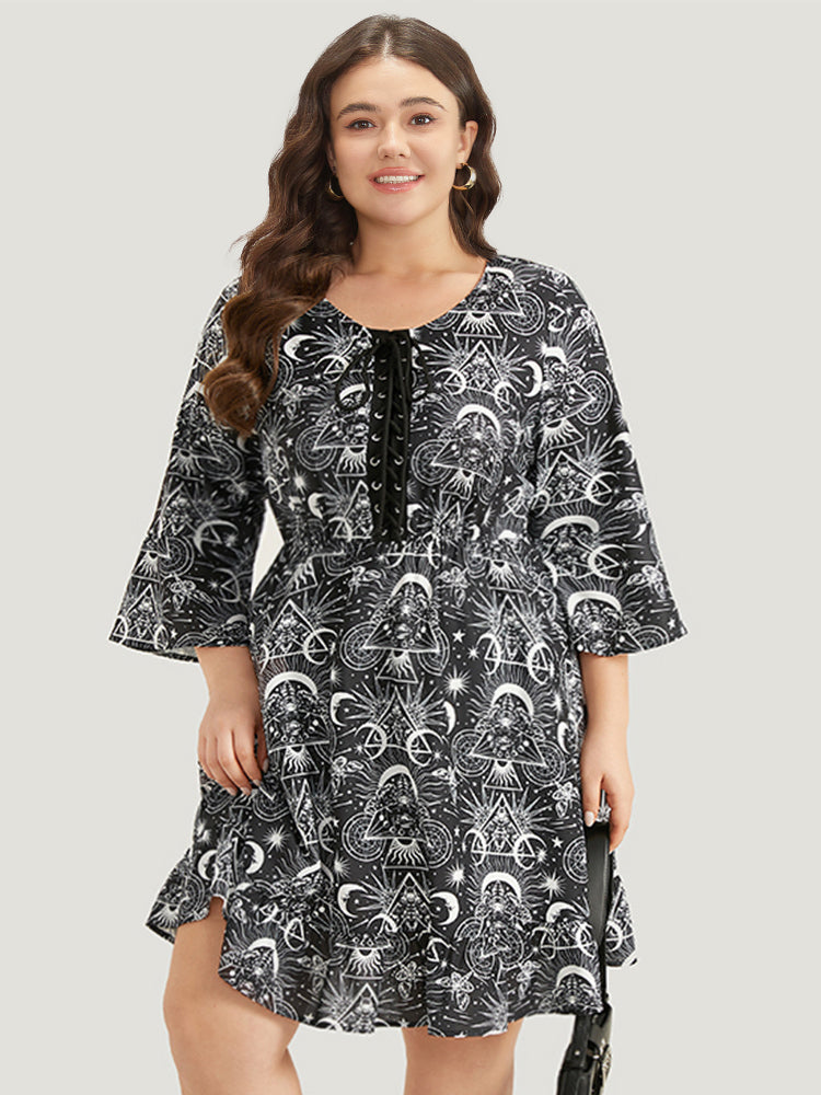 Halloween Moon & Star Lace Up Pocket Bell Sleeve Dress