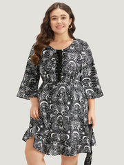 Halloween Moon & Star Lace Up Pocket Bell Sleeve Dress