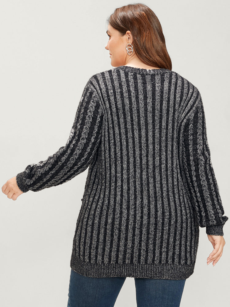 Striped Contrast Pointelle Knit Pocket Button Front Heather Cardigan