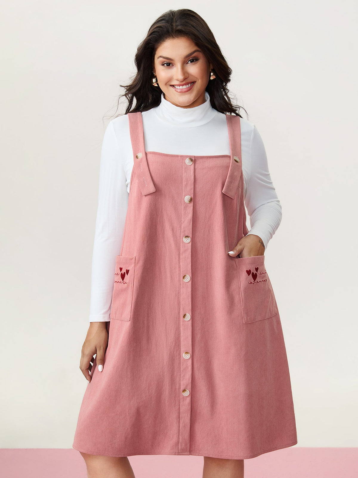 Heart Embroidered Pockets Adjustable Overall Dress