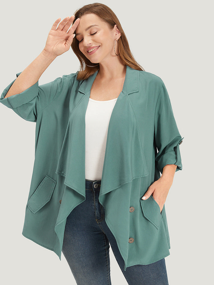 Solid Pocket Asymmetrical Neck Roll Tab Sleeve Jacket