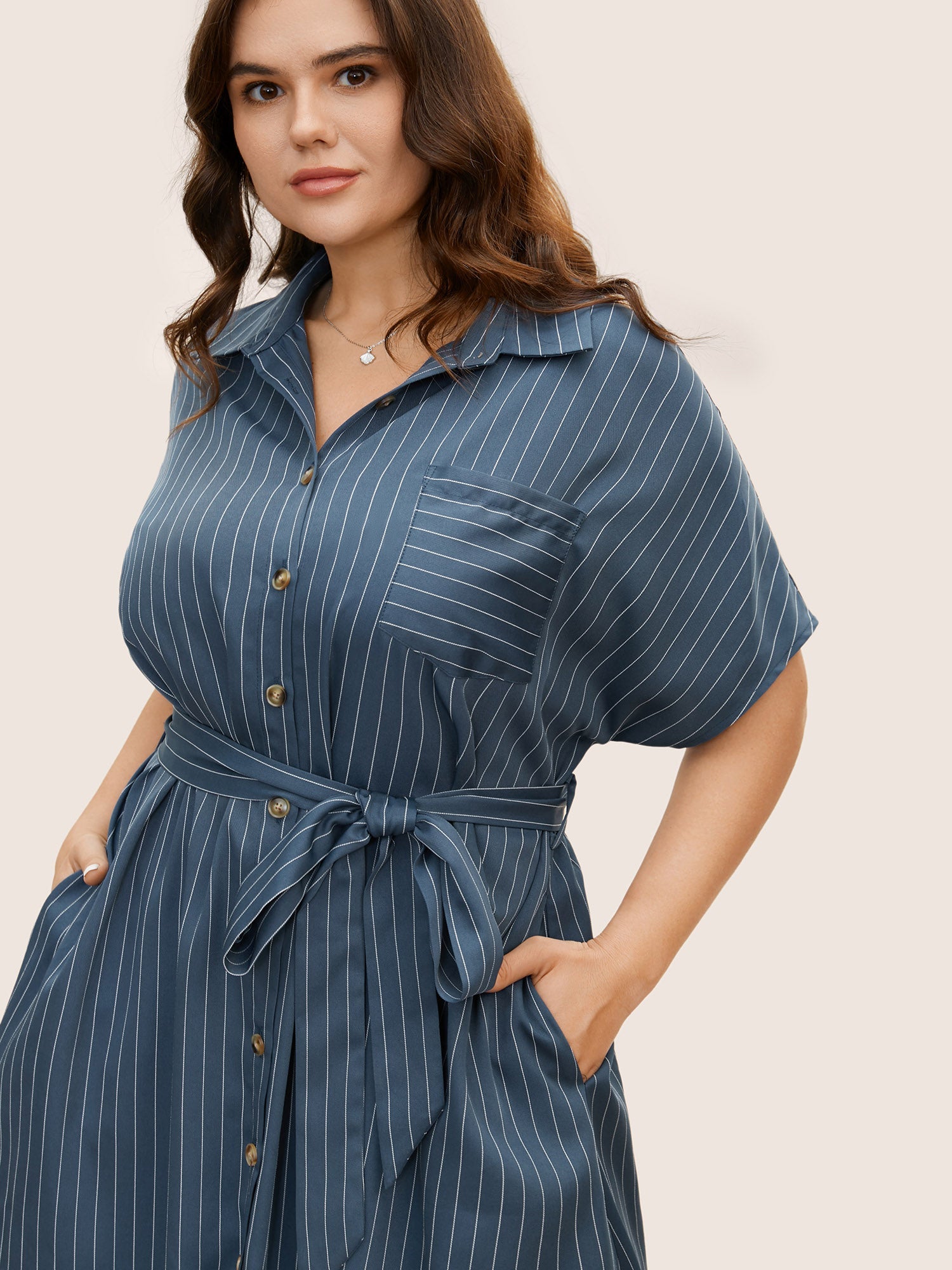 Shirt Collar Striped Curved Hem Midi Dress