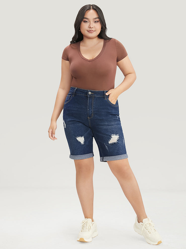 Slightly Stretchy High Rise Dark Wash Distressed Denim Shorts