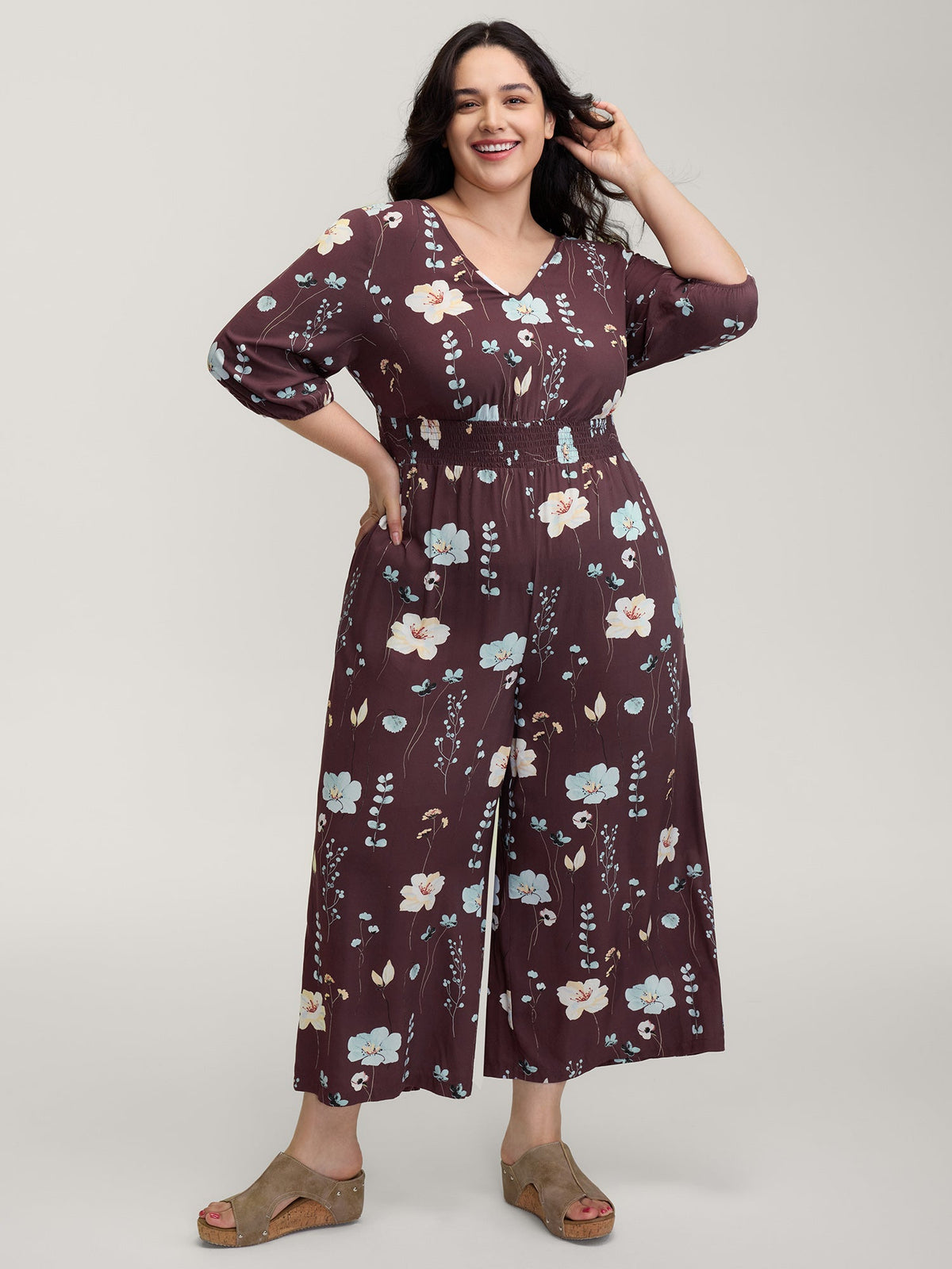 Floral Branch Print Shirred Waist Jumpsuit