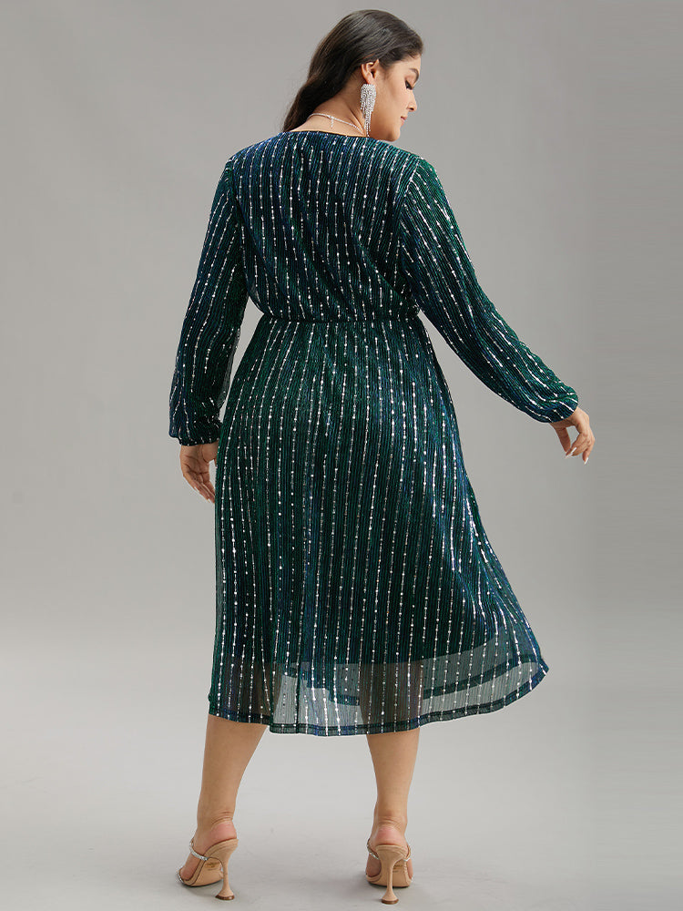 Sequin Mesh V Neck Elastic Waist Dress