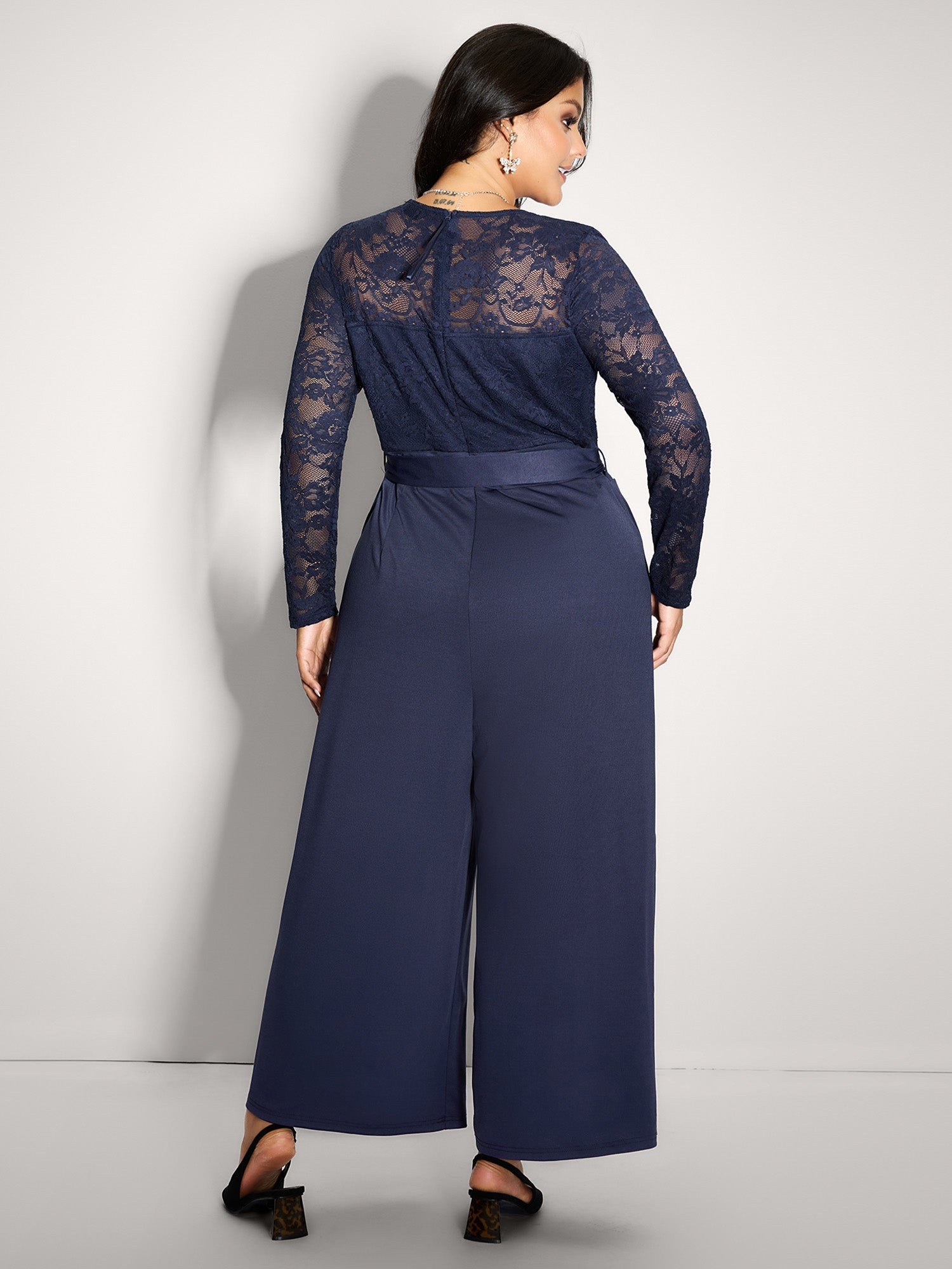 Sheer Lace Trim Belted Pockets Jumpsuit