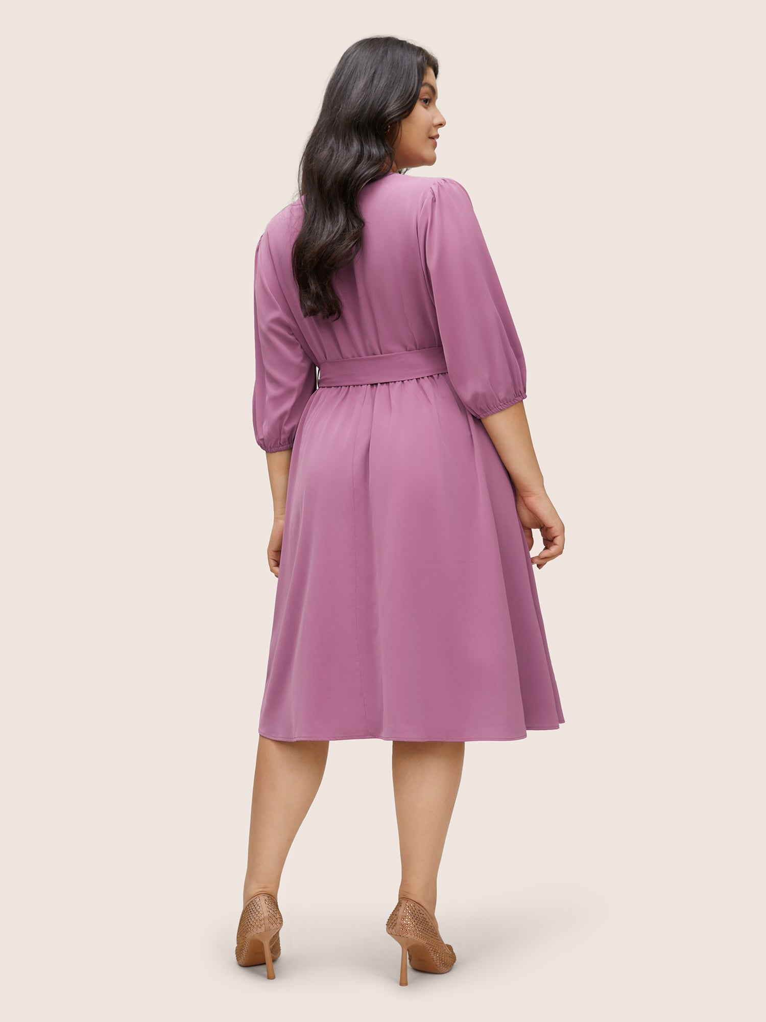 Notched Button Through Elastic Waist Belted Dress