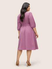Notched Button Through Elastic Waist Belted Dress