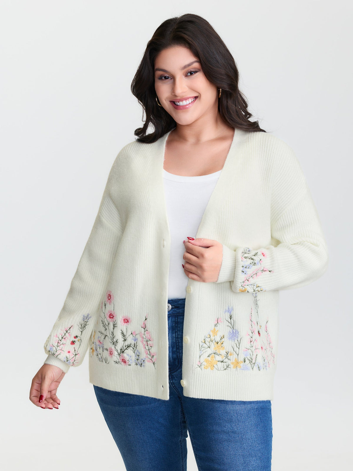 Floral Embroidery Drop Shoulder Knit Cardigan
