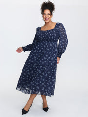 Floral Print Shirred Bodice Sheer Midi Dress