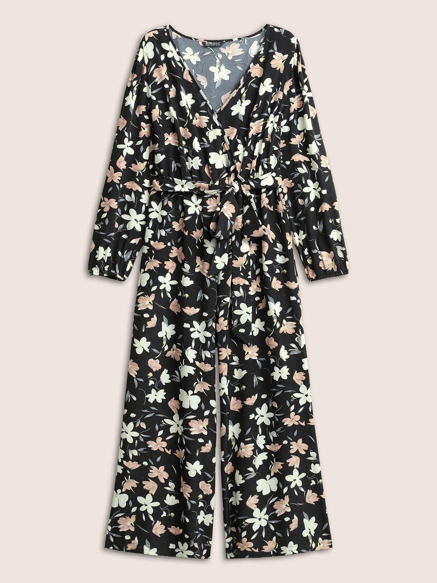 Floral Elastic Waist Belted Wrap Jumpsuit