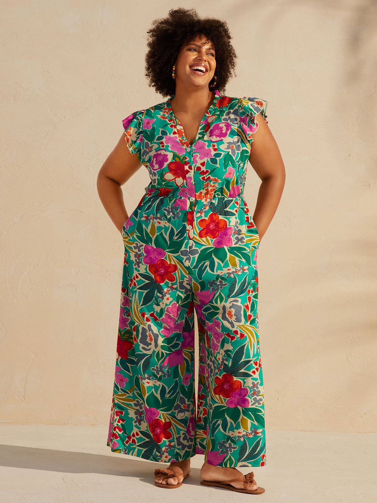 Sunkissed Floral Print Button Wide-Leg Jumpsuit