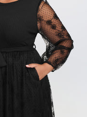 Sheer Floral Sleeve Belted Waist Midi Dress