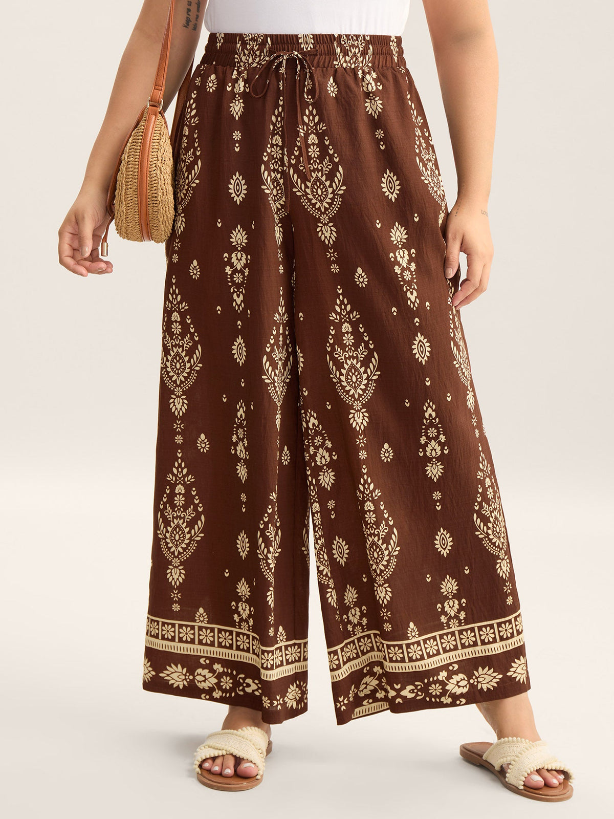Boho Print Drawstring Wide-Leg Pants