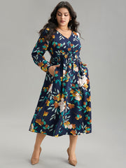Floral Print Shirred Lantern Sleeve Dress