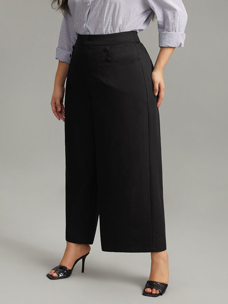 Solid Button Detail Wide Leg Pants