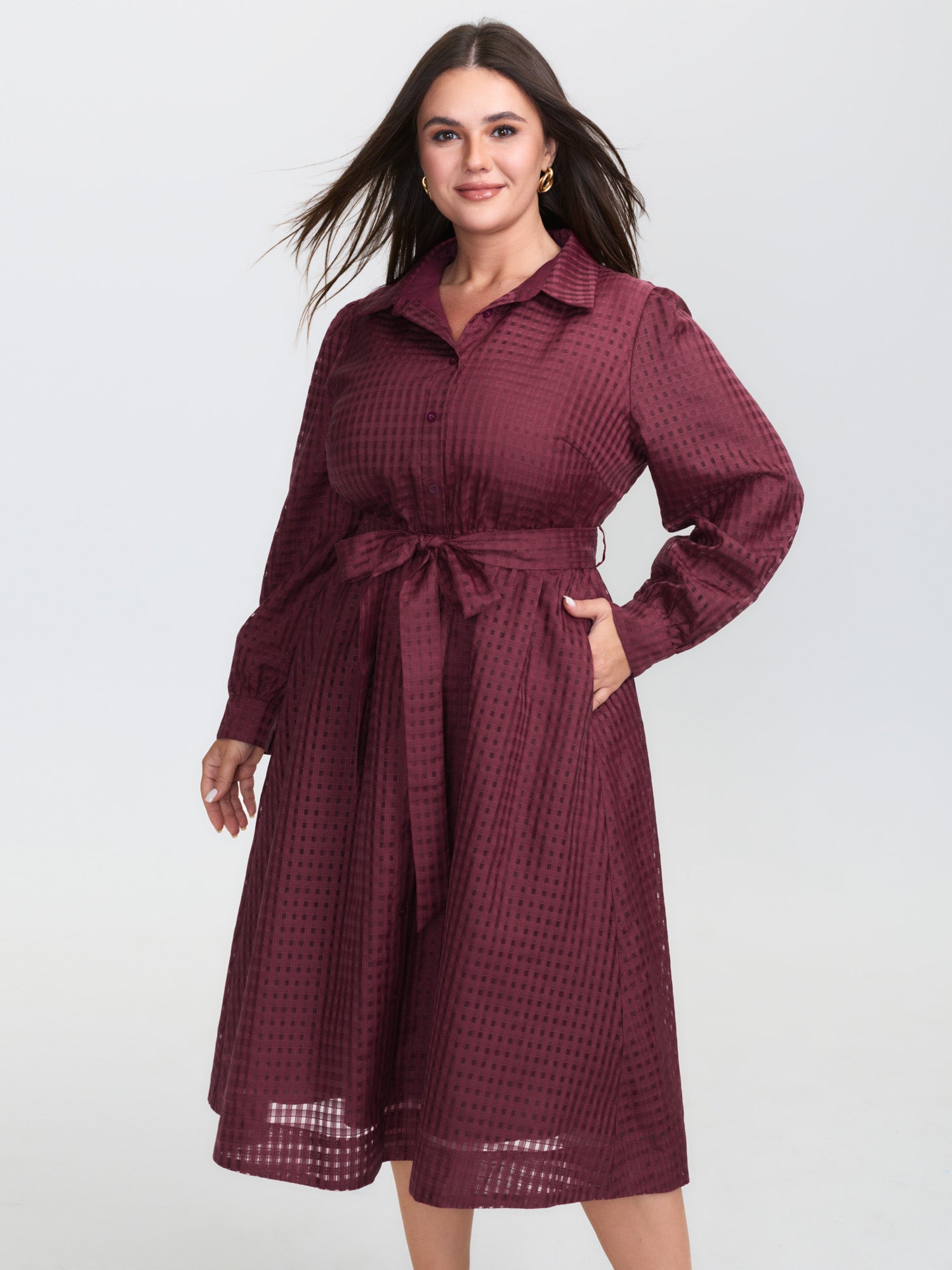 Belted Waist Textured Shirt Midi Dress