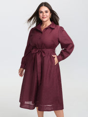Belted Waist Textured Shirt Midi Dress