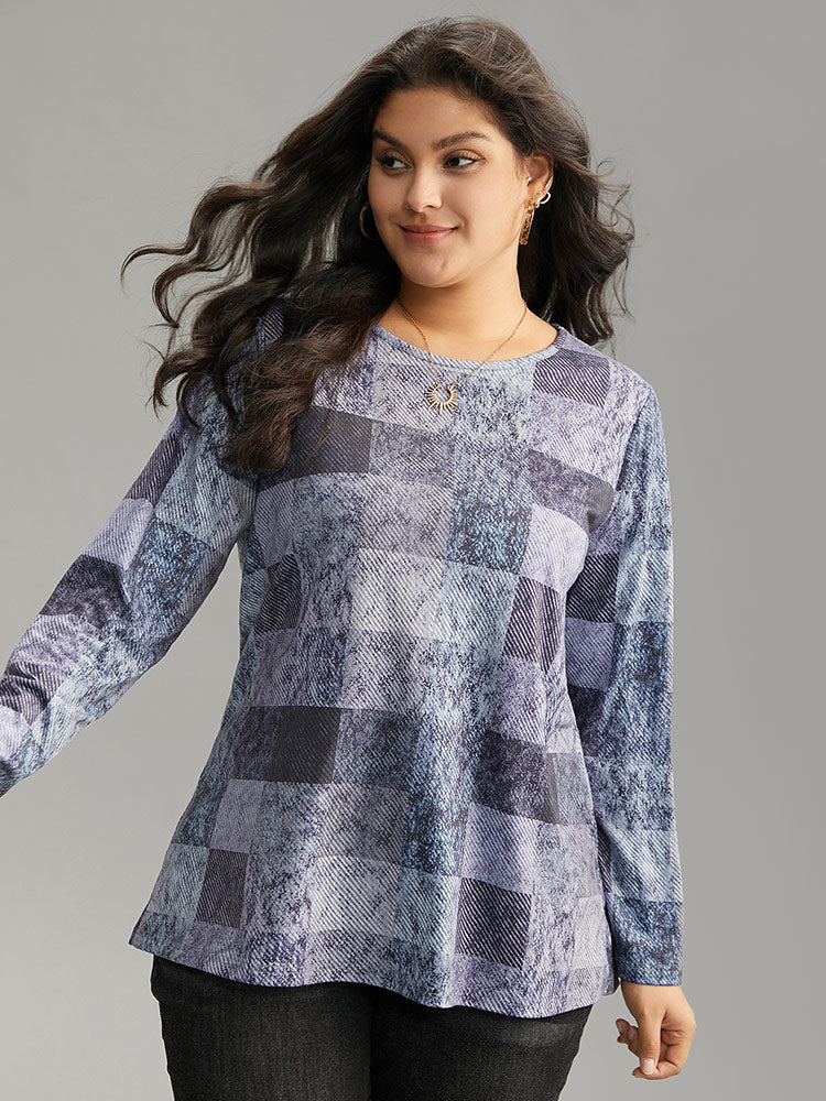 Colorblock Contrast Plaid Round Neck T-shirt