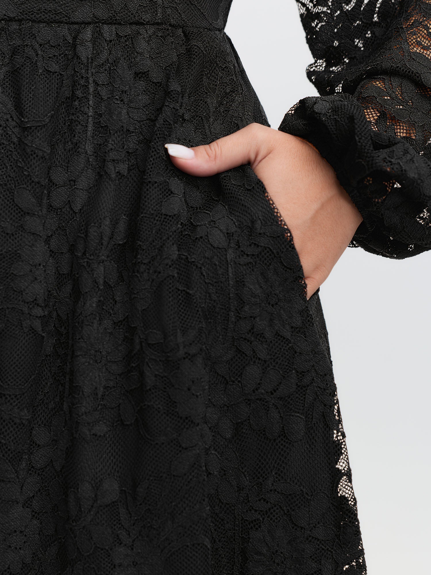 Sheer Lace Sleeve Waist-Defining Midi Dress