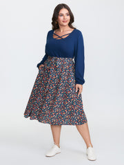 Floral Patchwork Pockets Belted Midi Dress