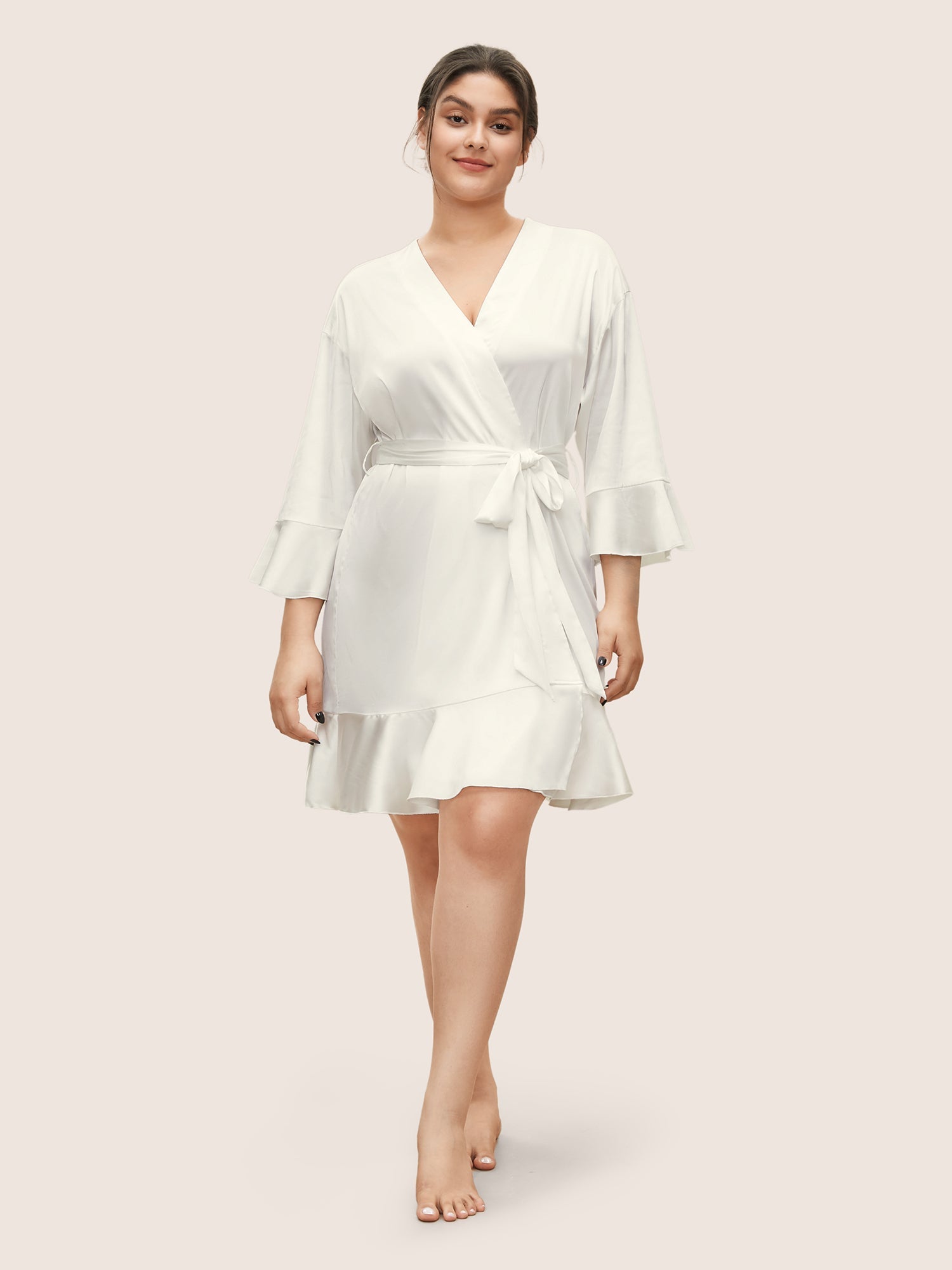 Solid Rhinestone Flutter Sleeve Belted Robe