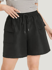 Plain Flap Pocket Drawstring Shorts