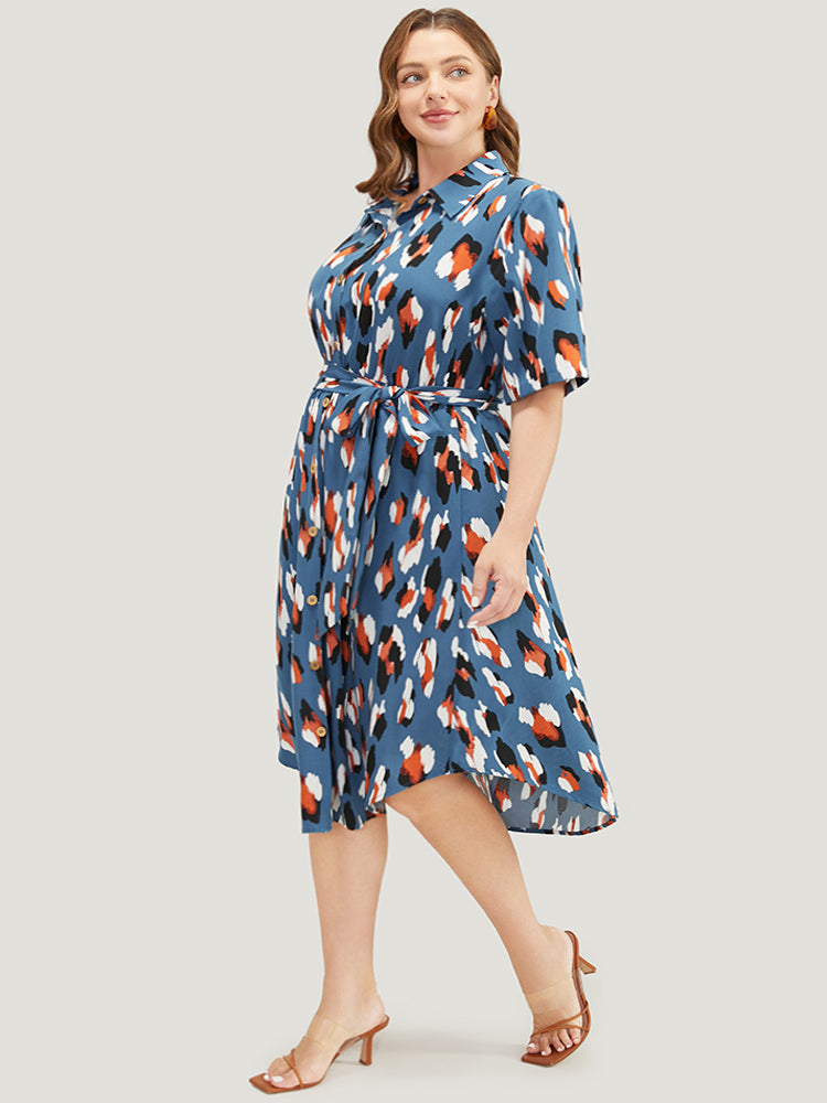 Allover Print Button Detail Pocket Belted Arc Hem Dress