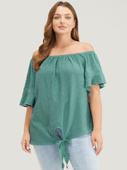 Solid Cut Out Knotted Hem Ruffle Sleeve One Shoulder Blouse