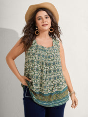 Floral Print Pleated Neckline Tank Top