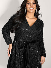 Sheer Sequin Belted Stretchy Waist Midi Dress