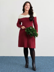 Fuzzy Off-Shoulder Color Block Sweater Dress