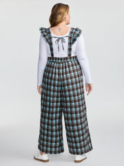 Plaid Ruffled Sleeve Backless Tie Jumpsuit
