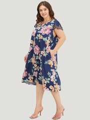 Floral Pocket Keyhole Lace Cap Sleeve Flutter Dress