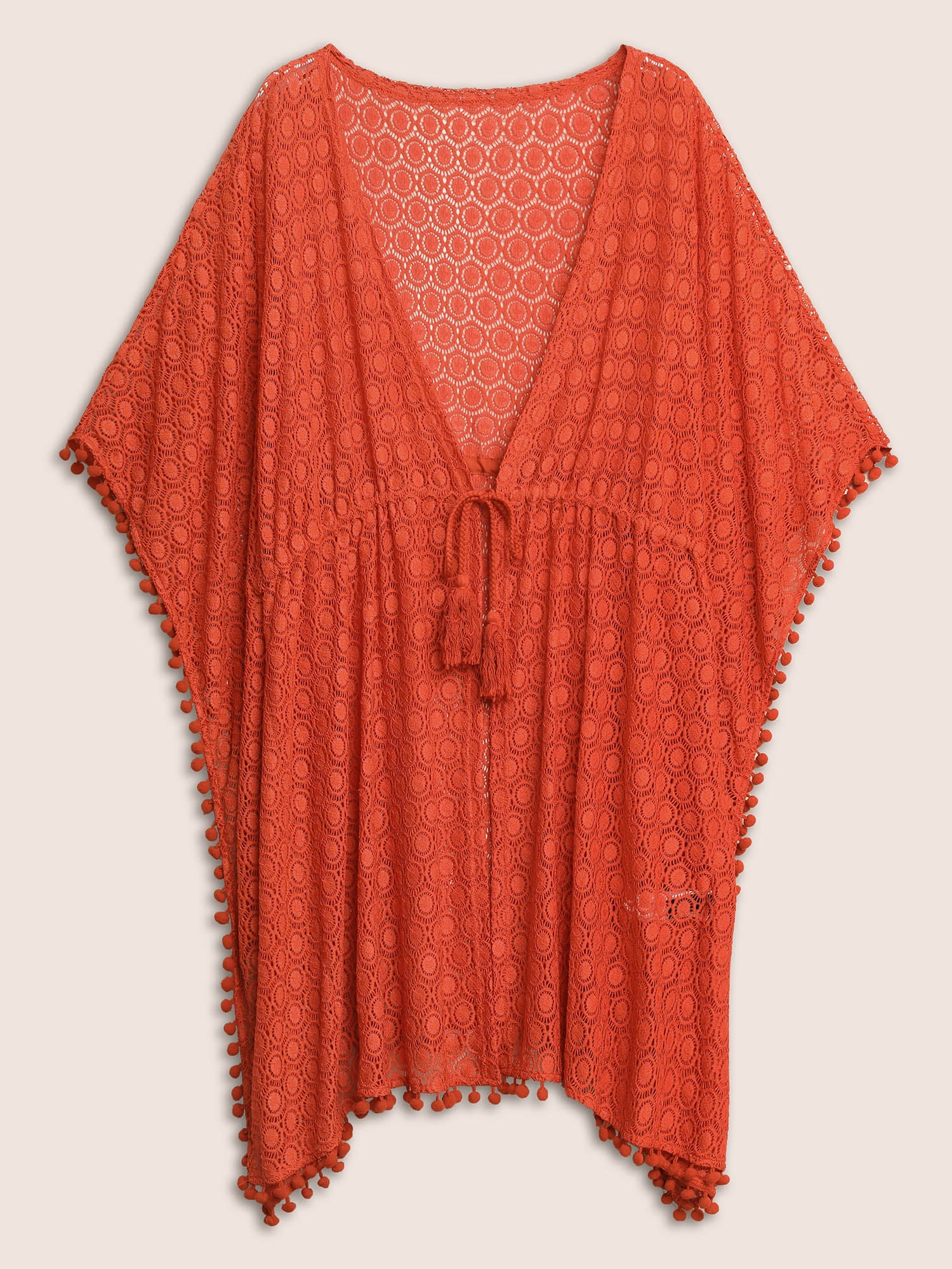 Solid Texture Tassels Drawstring Pompom Trim Cover Up