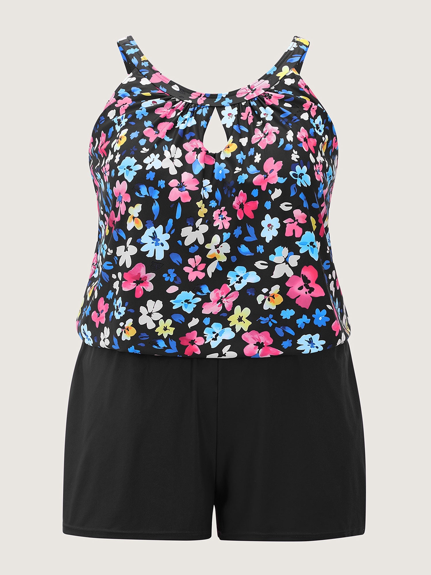 Floral Print Keyhole Pockets Swim Romper