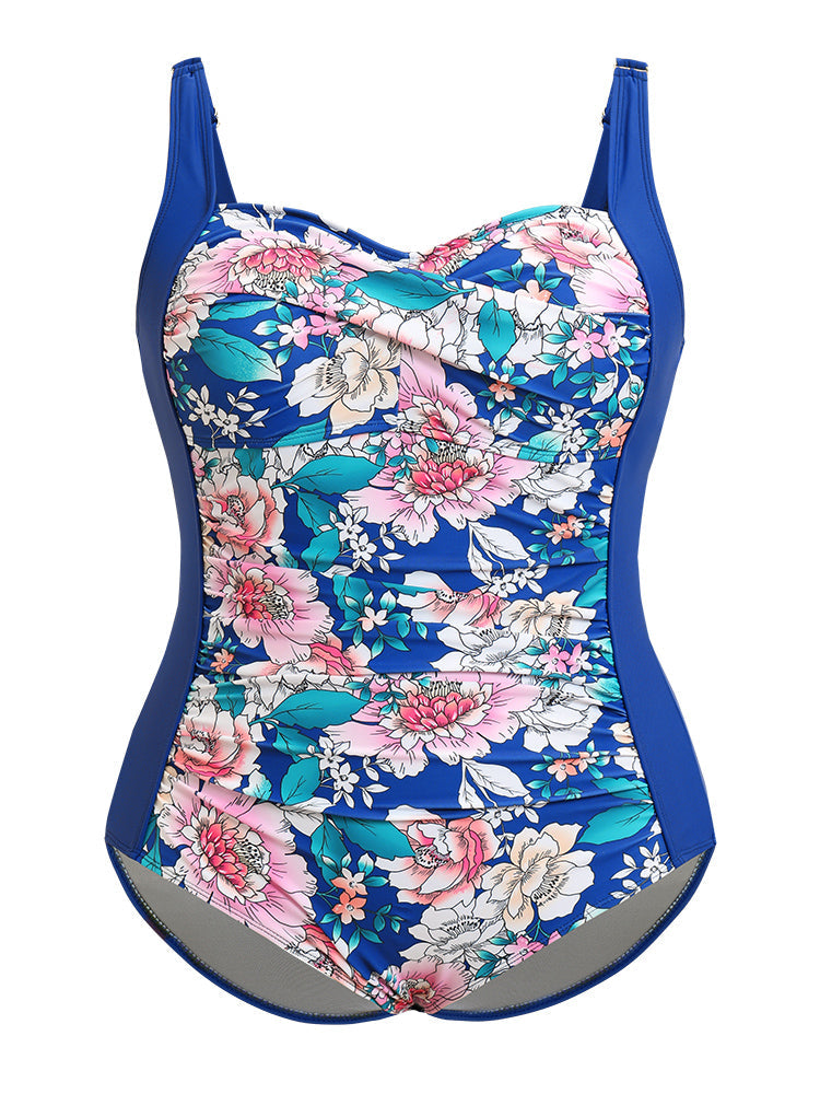 Floral Ruched Crossover Front Sculpt Waist One Piece Swimsuit