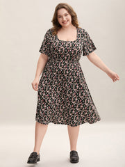 Floral Print Square Neck Straight-Fit Midi Dress