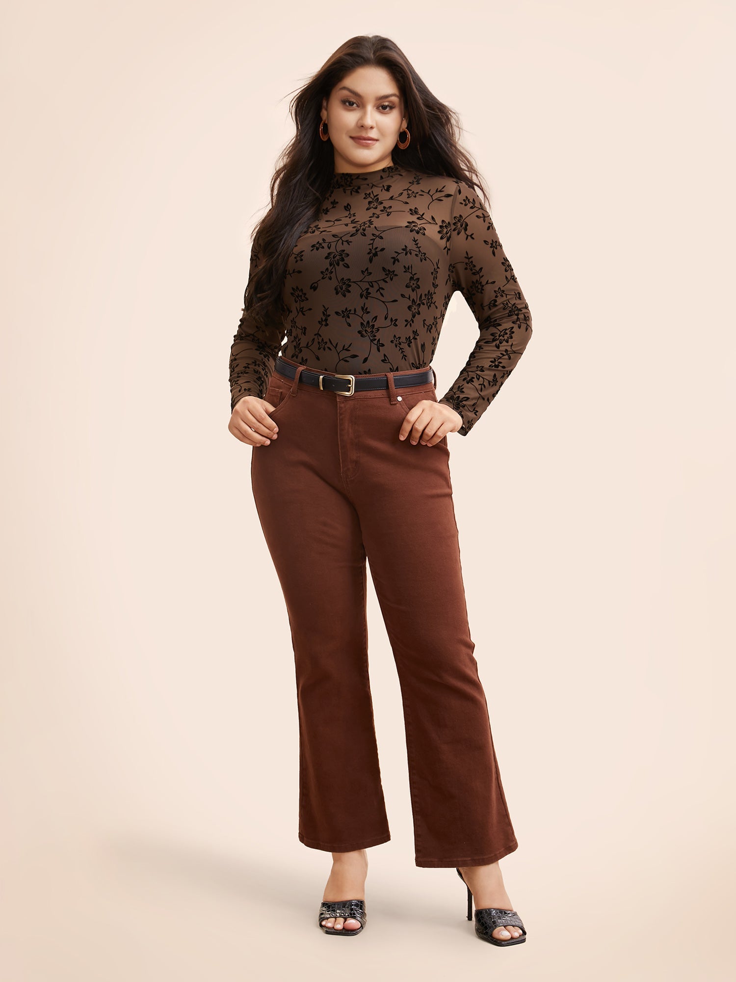 Floral Flocking Mesh Mock Neck T-shirt