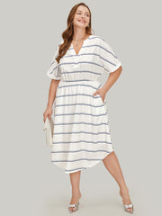 Striped Notched Neck Pocket Roll Batwing Sleeve Dress