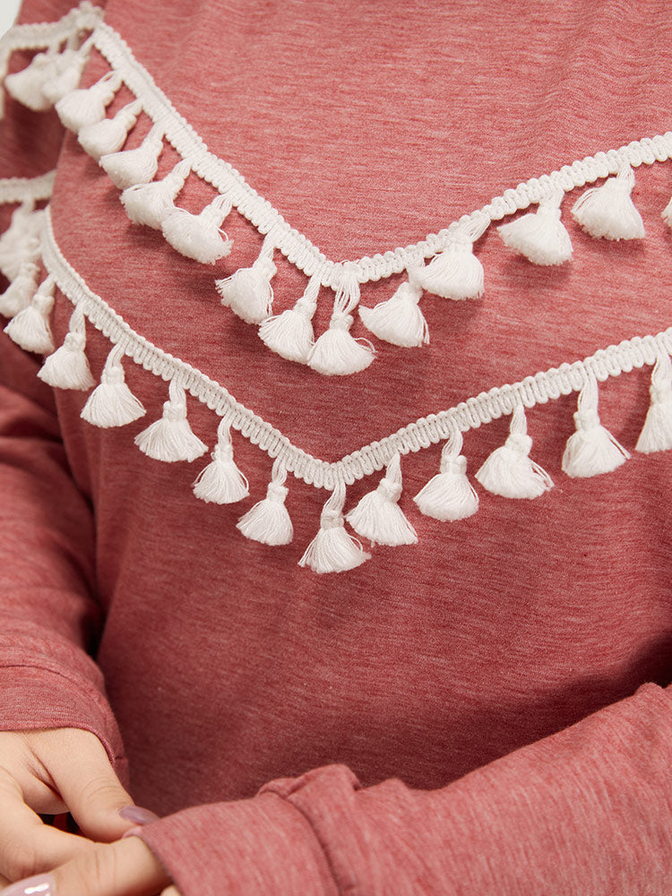 plain Heather Crew Neck Tassel Trim Sweatshirt