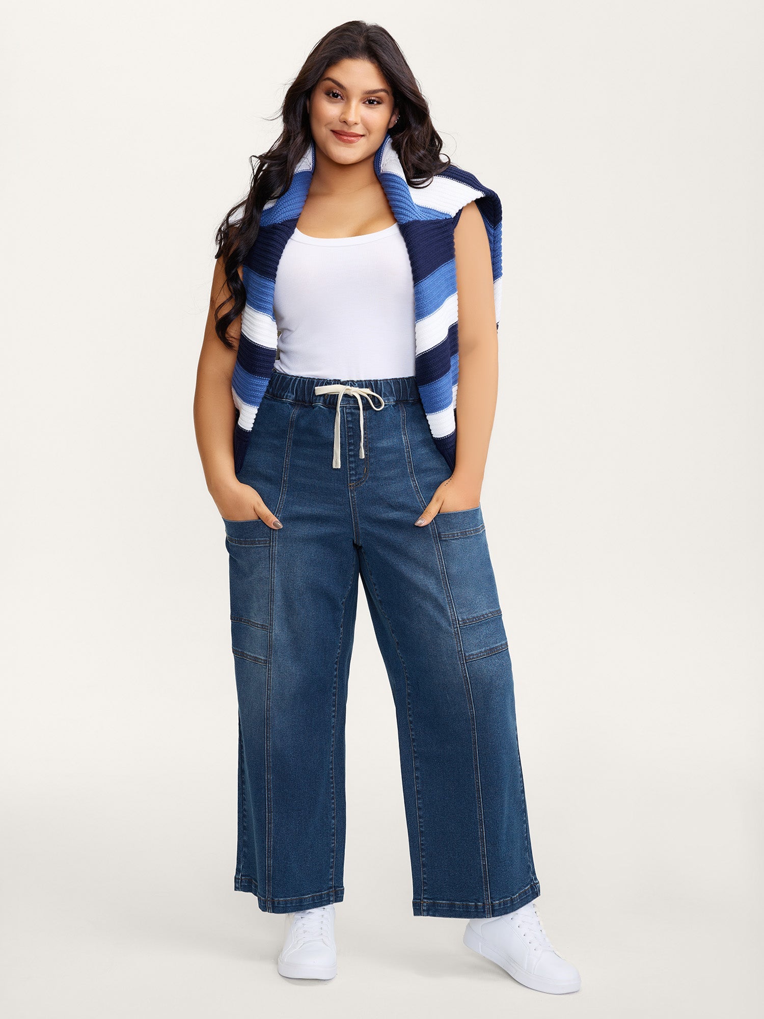 Stretchy Waist Drawstring Straight-Leg Jeans